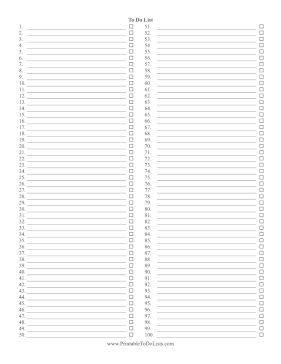 Numbered Checklist To 100